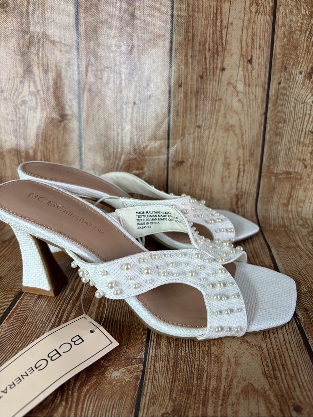 BCBGeneration Cream Pearl-Embellished Block Heel Sandals size 6
